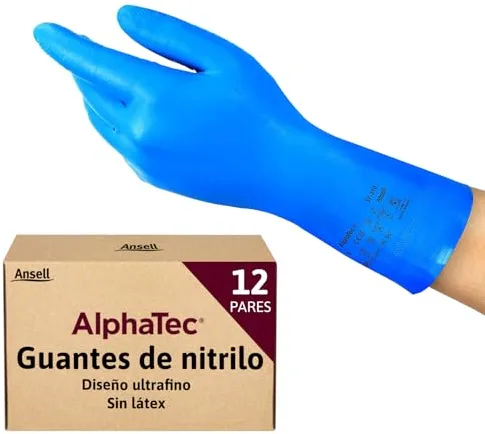 Ansell AlphaTec 37-310 Guantes de Nitrilo Reutilizables, Protección Química y Seguridad Alimentaria, Guantes de Trabajo Multiusos, Cocina y Limpieza del Hogar, Azul, Talla XL (12 Pares)