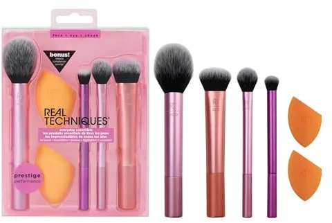 Real Techniques Kit de esponjas de maquillaje Everyday Essentials, 4 brochas de maquillaje y 2 esponjas mezcladoras de maquillaje, para base, colorete, bronceador, juego de 6 piezas
