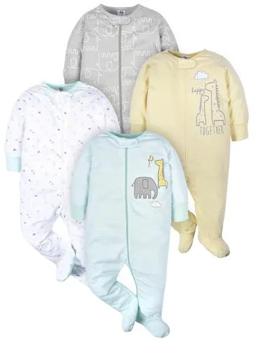 Gerber - Juego de 4 pijamas con diseño de animales, con cremallera frontal, unisex, con puños de manoplas