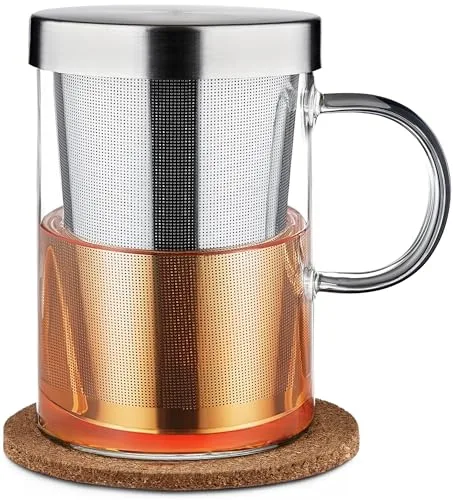 Cosumy Taza de Té con Filtro y Tapa 400 ml - Taza Infusiones Té Con Posavasos de Corcho - Vaso de Cristal de Borosilicato - Taza Grande