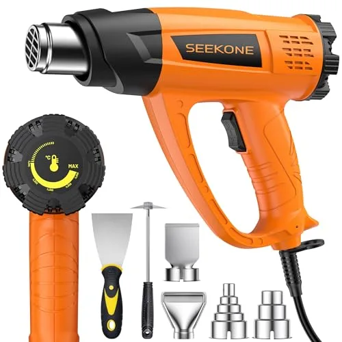 SEEKONE Pistola de Aire Caliente 2000W, Pistola de Calor Control de Temperatura Variable de 60℃ a 600℃, Decapador con Protección Contra Sobrecarga, 7 Accesorios, para Decapar, Soldar y Encoger