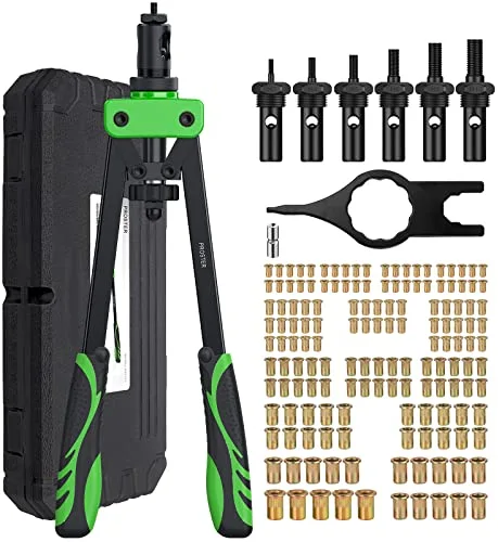 Proster Remachadora de Tuerca 14", Remachadora Manual con 150pcs Tuercas de Remache y 6 Mandriles Intercambiables M3 M4 M5 M6 M8 M10 Pistola Remachadora Profesional que Ahorra Mano de Obra con Caja