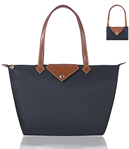 BOJLY Bolsas de mano para mujer, elegantes, impermeables, de nailon, con asa superior, plegable, para playa, viajes, trabajo, compras, escuela, Gris Profunda, Large