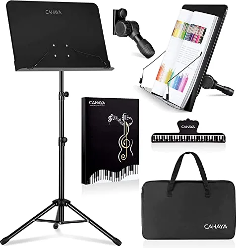 CAHAYA 2-EN-1 Atril Musica Extensible 80-145cm con Bolsa de Transporte Soporte para Partituras Plegable con Altura y Pestañas de Sujeción Ajustables Incluye Coleccionista de Musica