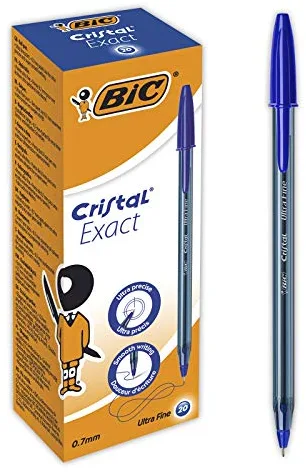 BIC Cristal Exact Bolígrafos, Óptimo para uso de oficina, casa y escolar, Punta fina (0,7 mm) - Azul, Caja de 20 Unidades.