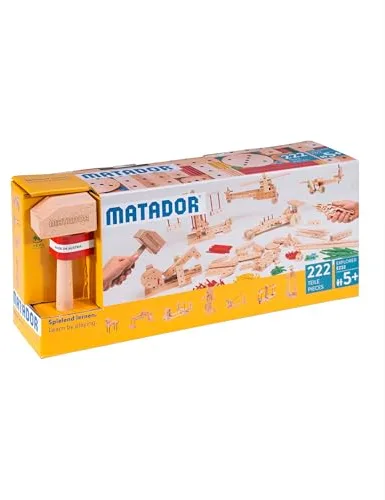 Matador Set de Construcción para Niños Desde 5 Años – 222 Piezas | Juego de construcción en Madera Atractivo para fomentar Creatividad y motricidad Fina, con Varillas, Bloques, Martillo y Pinza