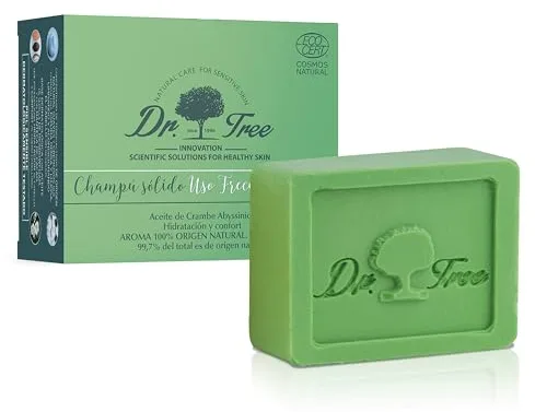 Dr. Tree Champú Sólido 2 en 1, Champú + Acondicionador Uso frecuente, Hidrata y Rejuvenece, Sin Sulfatos SLE, SLS, Sin parabenos, Sin siliconas, 99% Ingredientes Naturales ECOCERT, 75gr