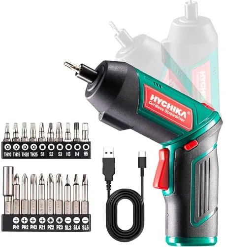 HYCHIKA Destornillador Eléctrico 6N.m, Atornillador Eléctrico Inalámbrico 3.6v Batería 2000mAh (Máximo Par 6 N.m) LED Luz, Mandril Magnétic, Cable USB, 20 Accesorios