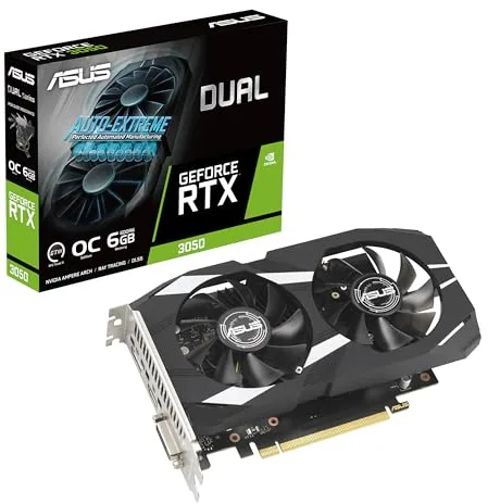 ASUS Dual GeForce RTX 3050 OC Edition 6GB GDDR6 (Resistencia al Polvo IP5X, Soporte de Acero Inoxidable, PCIe 4.0, DLSS 3, HDMI 2.1, DisplayPort 1.4a, DVI-D)