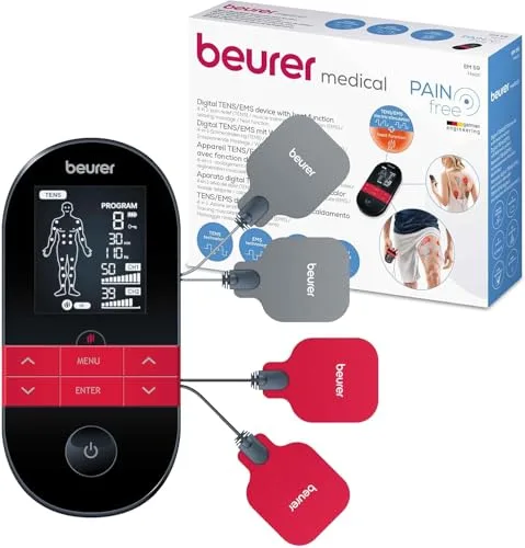 Beurer EM 59 Electroestimulador digital con función calor, tens, ems y masaje, 2 canales, función calor, 4 electrodos, con pads de gel, intensidad regulable, temporizador, color negro rojo