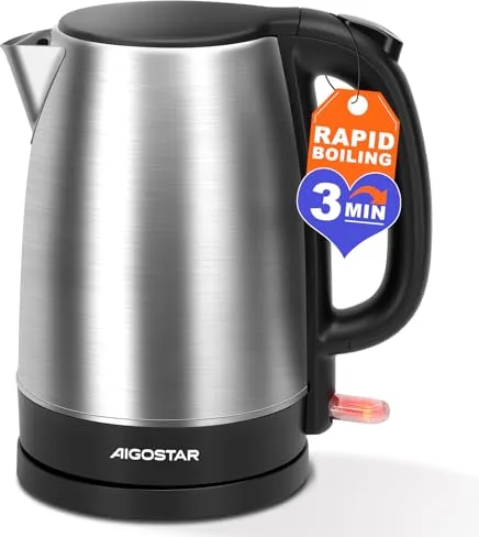 Aigostar Milo - Hervidor de Agua Eléctrico Pequeño, Hervidor de Acero Inoxidable de 2200W, 1,7 litros Tetera Electrica, Protección contra ebullición en seco y Apagado automático, Negro