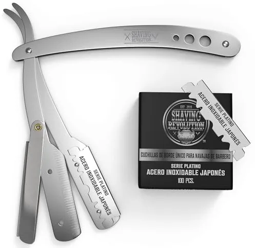 Shaving Revolution Navaja Afeitar Barbero Para Un Afeitado Al Ras - Navaja De Afeitar Profesional - Incluye 100 Cuchillas De Navajas De Barbero- Kit Navaja Barbero Para Hombres