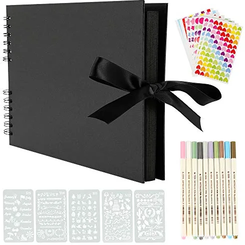YILEEY Album de Fotos para Pegar y Escribir Scrapbook, 80 Páginas Negras, DIY Scrapbooking Set con 10 rotuladores 5pcs Plantillas 6pcs Pegatinas y 2pcs Photo Corners, Original Regalos