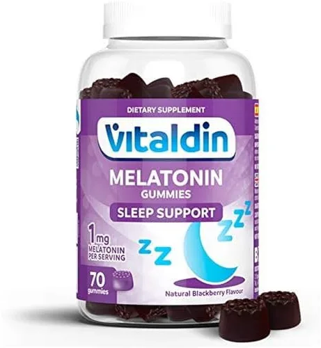 VITALDIN Melatonina gummies - 1 mg por dosis diaria - 70 gominolas (suministro para 2 meses), sabor a Mora - Ayuda a Conciliar el Sueño - Sin Gluten - Apto para Niños & Adultos