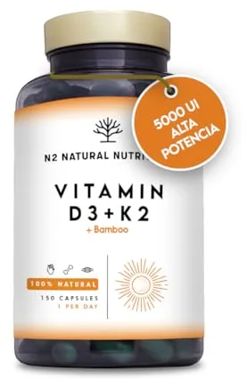 Vitamina D3 y K2. Vitamina D3 5000 ui + Vitamina K2 MK7 200 μg + Silicio + Bamboo. Alta Dosificación y Biodisponibilidad. Contribuye al Sistema Inmunológico. 150 Cápsulas. N2 Natural Nutrition