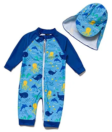 BONVERANO Bañador recién Nacido Manga 3/4 con protección UV 50+ con Cremallera(Azul-Océano,9-12meses