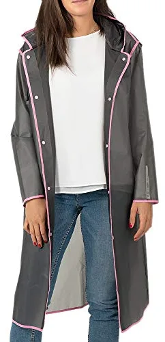 PERLETTI Chubasquero Hombre Mujer Ligero y Reutilizable - Impermeable Hombre y Mujer Resistente al Agua - Ropa de Agua Impermeable Detalles Reflectantes Capucha y Botones (S, Gris con Borde Rosado)