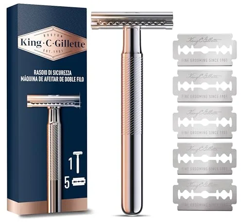 King C. Gillette Maquinilla De Afeitar De Doble Filo Para Hombre Con Mango De Metal De Larga Duración Y Revestimiento Antifricción, Con 5 Cuchillas De Recambio, Afeitado Clásico Manual