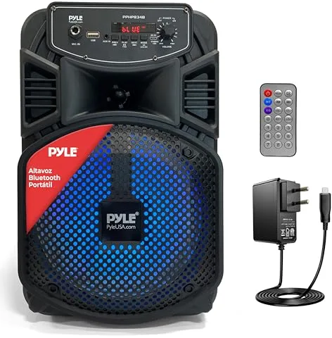 Pyle Sistema de Altavoces, PA, 300W, Bluetooth, portatil, Recargable, Exteriores, subwoofer de 8”, Tweeter de 1”, función de grabación, micrófono, Luces de Fiesta, Radio USB/SD, Color Negro