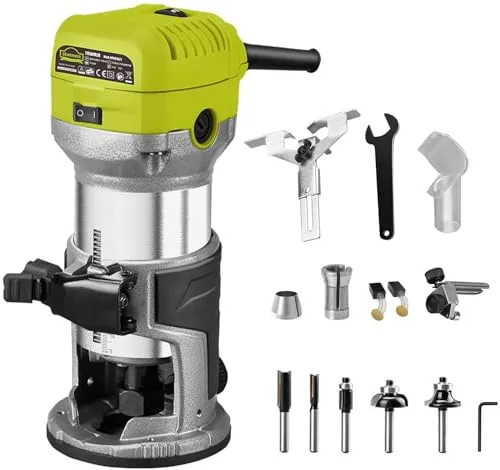 Dewinner Fresadora de Madera Rebajadora Eléctrica 710W 13000-33000RPM, Grabado Fresa Para Biselar,3 Alicates de 1/4'' , 6 mm y 8 mm, 6 Velocidades Variables, Profesión de Laminadora Fresa con Rodam