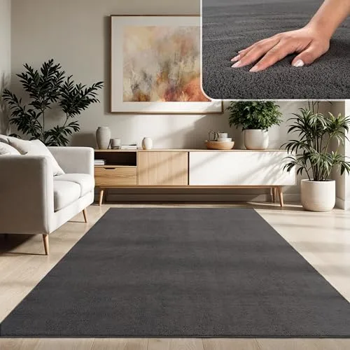 Paco Home Alfombra Moderna y Suave para Salón a Pelo Corto Lavable Fluffy Uni Efecto Piel Intemporal Elegante Antideslizante Fácil de Limpiar, tamaño:200x280 cm, Color:Antracita
