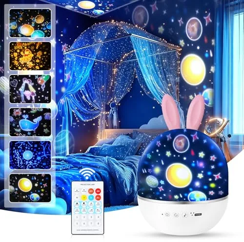 URAQT Lampara Infantil, Proyector de Luz Nocturna, Lindo Juguete Estrella Giratorio con Función de Mando a Distancia y 8 Música, Regalo para Niños y Bebés