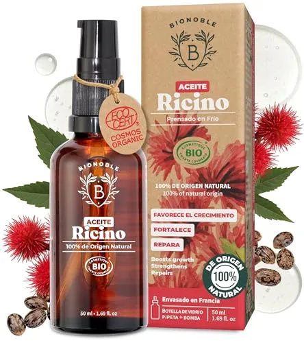 BIONOBLE Aceite de Ricino Organico, Prensado en Frío, Sin Hexano - Pestañas, Cabello, Cejas - Vegan Castor Oil - Aceite de Ricino 100 Puro y Natural - Botella de Vidrio, Pipeta, Bomba - 50ml