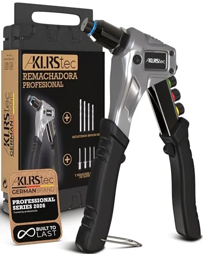 KLRStec® Remachadora manual profesional | pistola remachadora con resistente cuerpo de acero y mango antideslizante de TPU | Juego de remachadora profesional que incluye 120 remaches y 4 brocas HSS