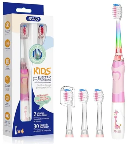 Seago Cepillo de Dientes Infantil Eléctrico Para Niños 3–12 Años Kids Con Luz de Colores,Temporizador Inteligente de 2 minutos,4 Cabezales Suaves SG-EK6/SG-977 (Rosa)