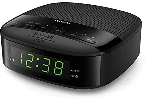 Philips Radiodespertador R3205/12 FM Radio (Alarma Dual, Temporizador, Diseño Compacto, Radio Digital FM, Batería de Reserva), Color Negro