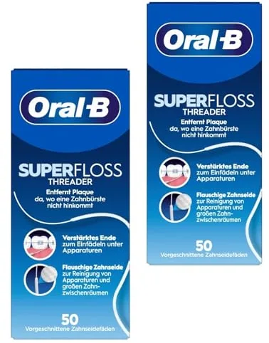 Oral-B Superfloss - Enhebrador, elimina la placa y el sarro, hilo dental para aparatos ortopédicos, electrodomésticos, 50 hebras , pack of 2