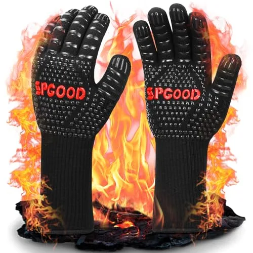 SPGOOD Guantes Barbacoa Guantes Horno Altas temperaturas Largos, BBQ Guantes Resistentes al Calor hasta 800℃ para Cocina, Parrilla, Hornear, Microondas, Chimenea Negro(L/XXL)
