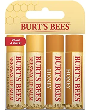 Burt's Bees Paquete múltiple de bálsamo labial, bálsamo labial hidratante con cera de abejas y miel, paquete económico, 4 x 4,25 gramos