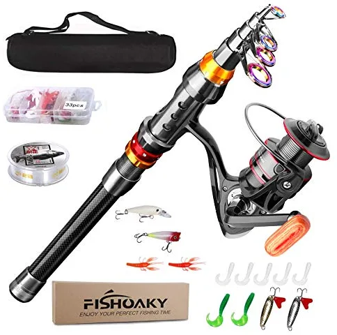 FishOaky Juego de caña de Pescar, caña de Pescar telescópica de Fibra de Carbono y Carrete con Carrete de Cebo de línea, Carrete de Carrete para Adultos, Viajes, Agua Salada y Agua Dulce