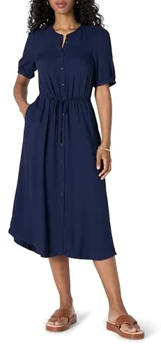 Amazon Essentials Vestido Midi Acampanado de Media Manga y Cintura para Mujer, Color Azul Marino, Talla XS