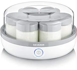 Severin Yogurtera con tapa transparente, incluye 7 tarros con tapa antiderrames de 150 ml cada uno, 13 W, 100 % libre de BPA, dimensiones 24 x 24 x 12.5 cm, Blanco/gris JG 3518