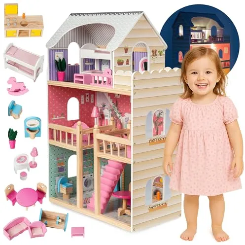 mamabrum Casa de Muñecas de Madera Grande – 3 Pisos con Terraza, Luces LED y Muebles Completos – Casita Muñecas 90x60x30 cm – Estilo Pastel Seguro – para Niñas Desde 3 Años