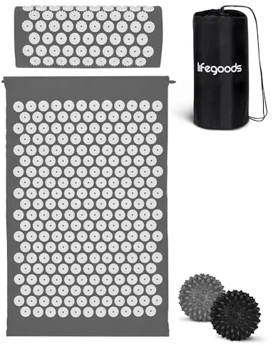 LifeGood Esterilla Acupresion - Eco - Con Cojín, Bolas de Masaje y Bolsa - Almohada - Colchoneta de Acupuntura Relajación y Alivio del Dolor - Flor de Loto - Gris & Bianco