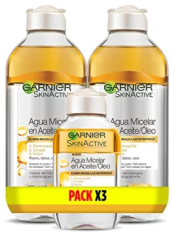 Garnier Skin Active Agua Micelar En Aceite, Elimina El Maquillaje De Larga Duración Y Waterproof, Desmaquilla, Limpia Y Nutre Labios, Ojos Y Rostro, Sin Acabado Graso, Pack 2X400Ml +1 X100Ml