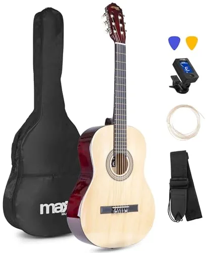 MAX SoloArt Guitarra clasica con cuerdas de nailon para Principiantes Adultos - guitarra flamenca con Funda, Afinador, Púa, Correa y Accesorios - Guitarra Española 4/4 en Madera Natural