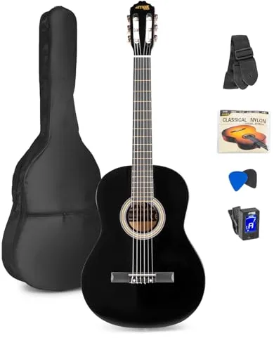 MAX SoloArt Guitarra clasica con cuerdas de nailon para Principiantes Adultos - guitarra flamenca con Funda, Afinador, Púa, Correa y Accesorios - Guitarra Española 4/4 en color negro