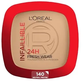 L'Oréal Paris Polvos Compactos Mate Infalible 24H, Larga Duración, Cobertura Media-Alta, Resistente al Agua, Fórmula No Comedogénica, Tono: 140 Neutral, 50 g