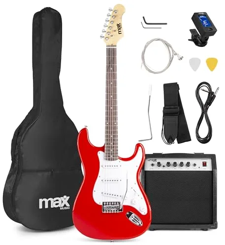 MAX GigKit - kit guitarra electrica de iniciación, amplificador de 40w, funda de transporte, afinador, cuerdas de acero, palanca tremolo, correa, 2 puas, cable de 3m, Rojo