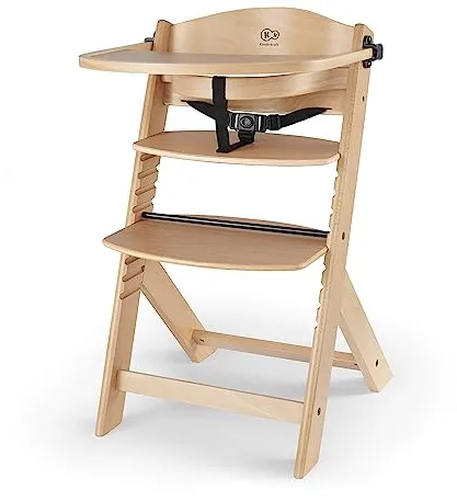 Kinderkraft ENOCK Trona bebé de Madera, Infantil, Portatil, para niños, Evolutiva silla alta, Ergonómica, Con accesorios, Barrera y Bandeja, Madera natural