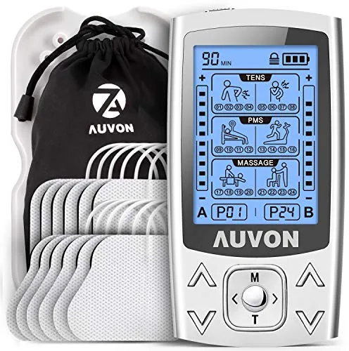 AUVON 3-en-1 Electroestimulador muscular de 24 modos, con función TENS, EMS y masaje, para aliviar el dolor muscular y fortalecer los músculos, 2 Canales, 12pcs 2"x2" Electrodos con diseño patentado