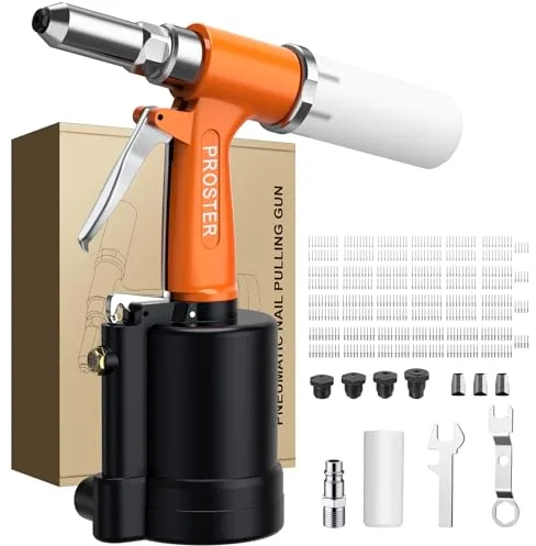 Proster Remachadora Neumatica con 500pcs Remaches Pistola Remachadora de Aire Hidraulica con 4 Boquillas 2.4mm/3.2mm/4.0mm/4.8mm para Remaches de Hierro Aluminio Acero