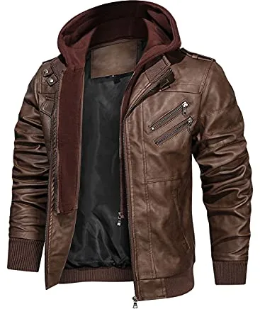 HOOD CREW Chaqueta bomber de motocicleta de cuero sintético de PU para hombre con capucha extraíble, marrón, S