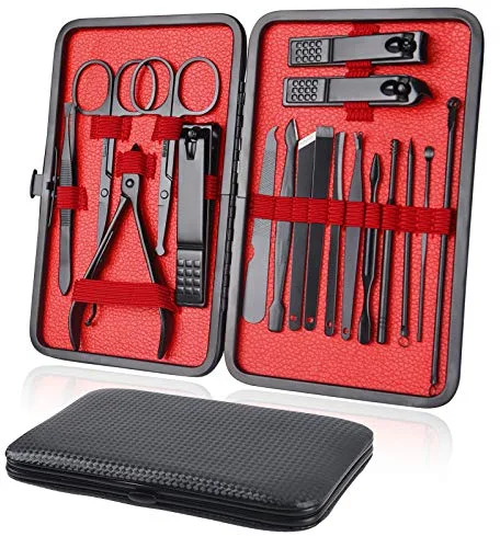 URAQT Set de Manicura Pedicura, 18 Piezas: Herramientas Remover Cutícula, Tijeras de Uñas Profesional, Caja de Cuero, Cortaúñas de Acero Inoxidable Grooming Kit