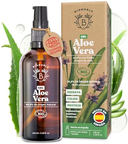 BIONOBLE Aloe Vera Puro Gel Orgánico 97% con Aceite Esencial de Lavanda - Gel Aloe Vera 100 Puro Pulpa Fresca - Hidrata, Calma - Cara, Cuerpo, After Sun y Depilación - Botella de Vidrio, Bomba - 100ml