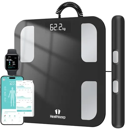 Báscula Grasa Corporal Báscula de Baño Báscula Inteligente Monitor de Composición Corporal, 18 Mediciones Esenciales, Pantalla LED, Diseño de Esquina Redonda, para Andriod y iOS, 180kg…